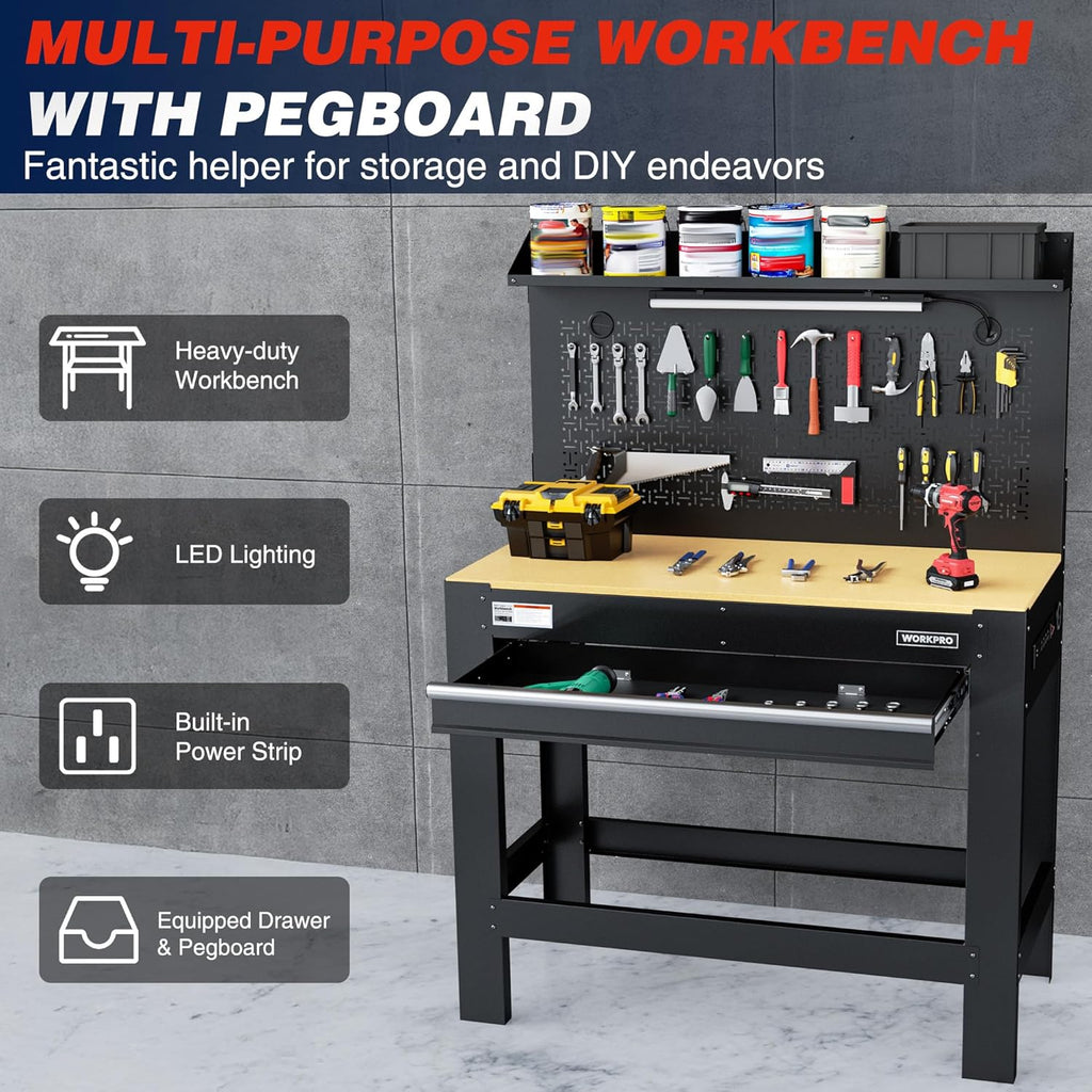WORKPRO 45" Garage Workbench with Storage, Heavy-Duty Workbench with Pegboard, Power Outlets and Light, 800 LBS Work Bench for Garage, Warehouse, Workshop