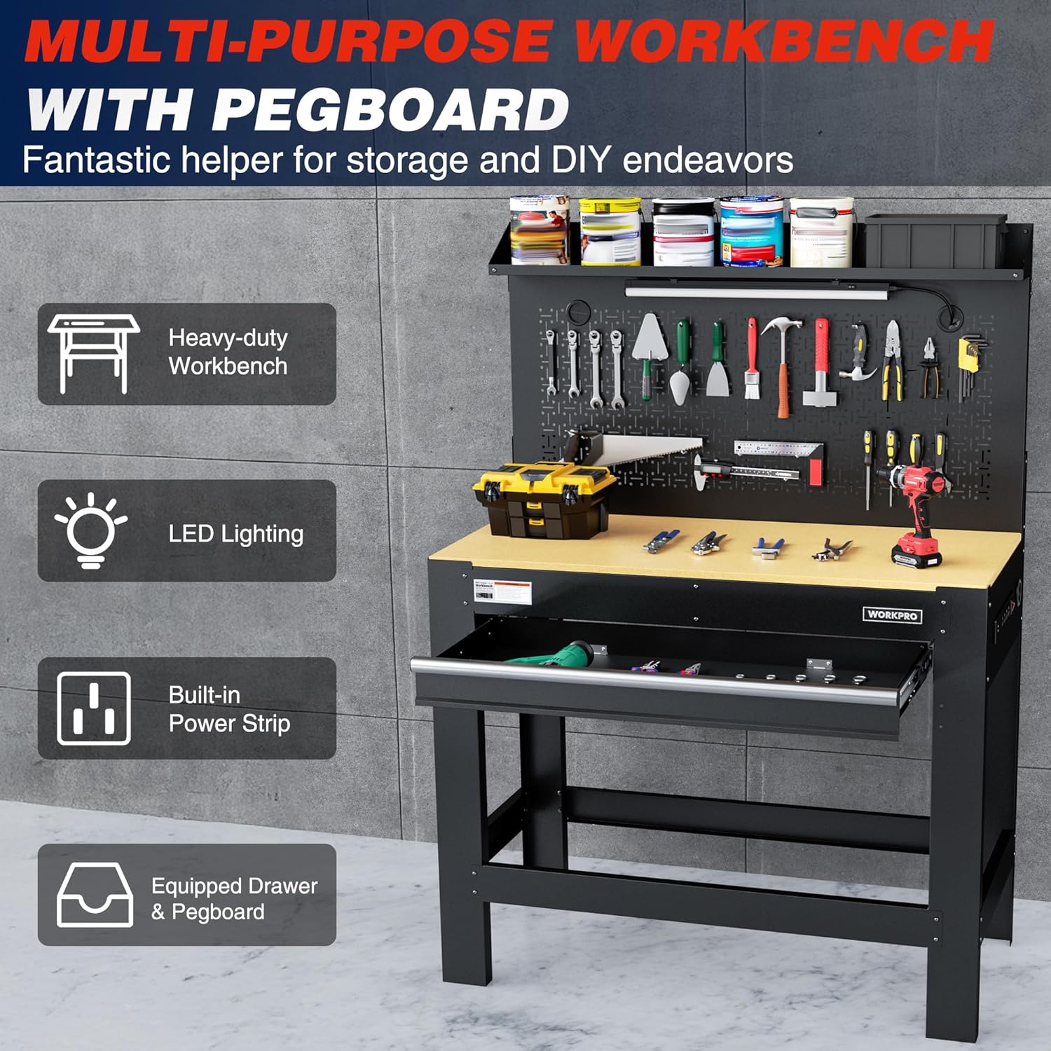 WORKPRO 45" Garage Workbench with Storage, Heavy-Duty Workbench with Pegboard, Power Outlets and Light, 800 LBS Work Bench for Garage, Warehouse, Workshop