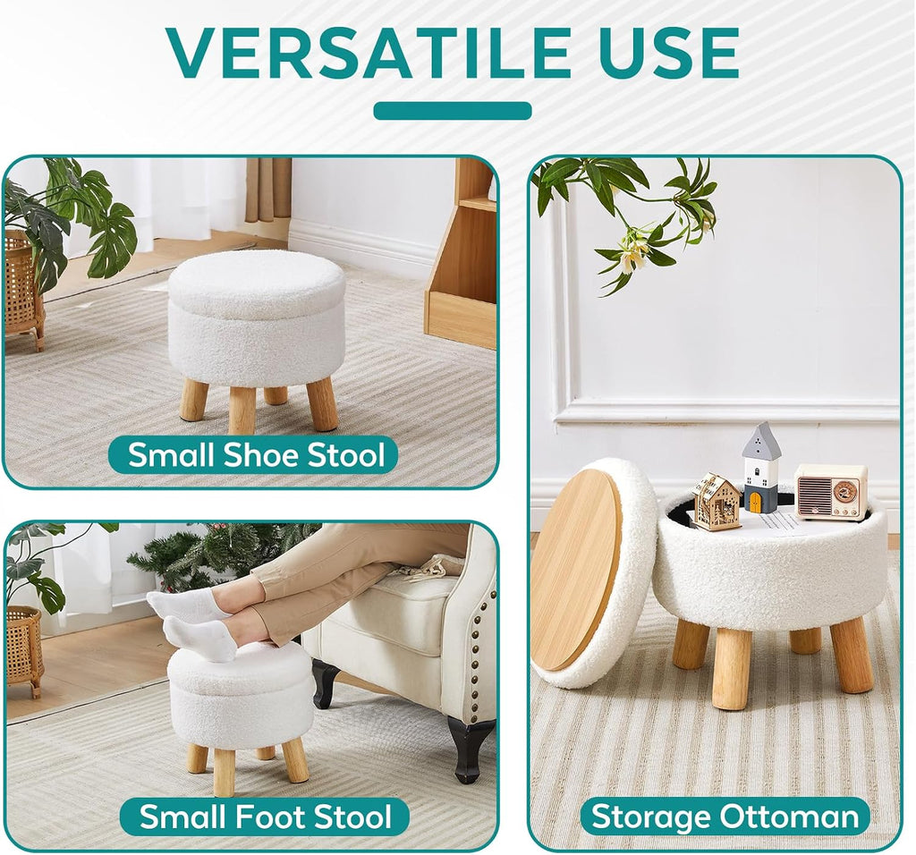 Small Ottoman with Storage, Small Storage Ottoman Round, Sherpa Foot Stool with Legs, Ottomans and Footstools for Living Room and Entryway (White)