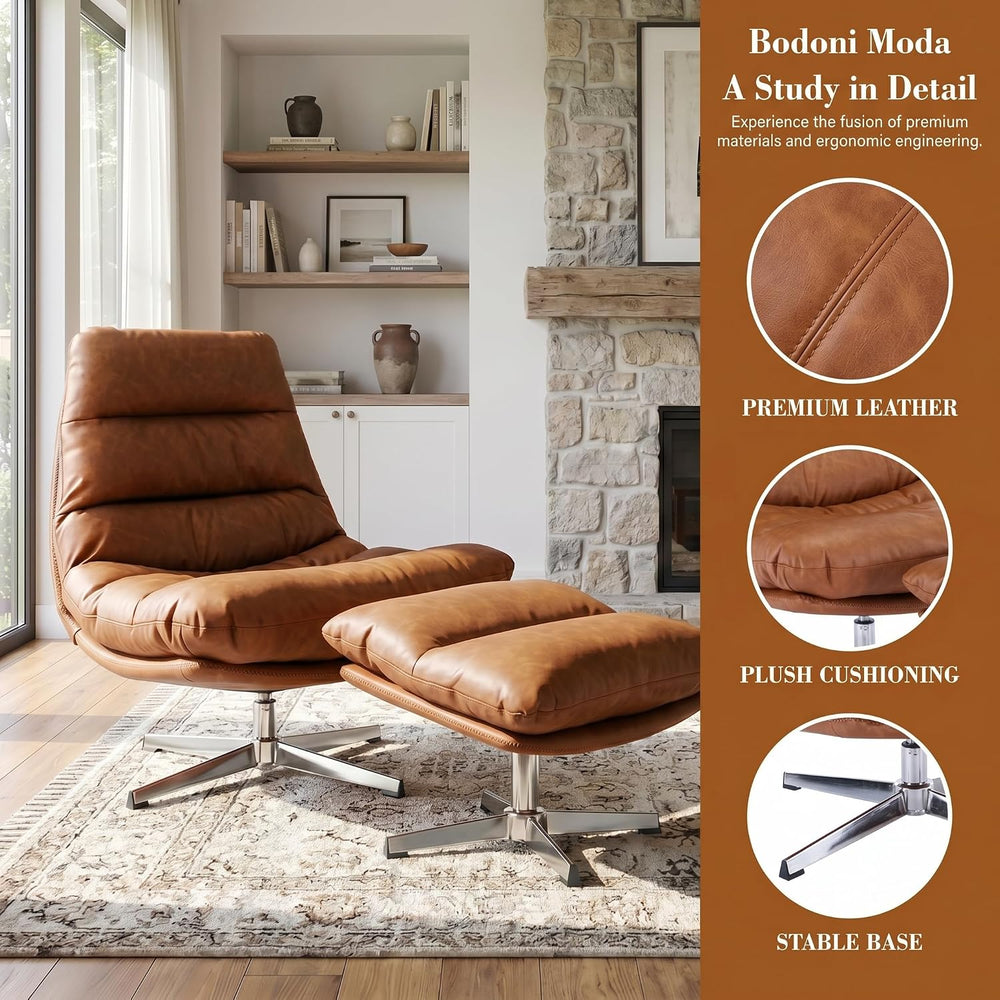 HNY Brown Swivel Lounge Chair with Ottoman Modern PU Leather Accent Chair wit...