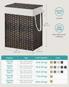 SONGMICS Laundry Hamper with Lid, 90L Clothes Hamper with 2 Removable Liner Bags, 6 Mesh Bags, Wicker Laundry Basket, Double Laundry Hamper for Bathroom, 13 x 18.1 x 23.6 Inches, Brown ULCB251K01V1
