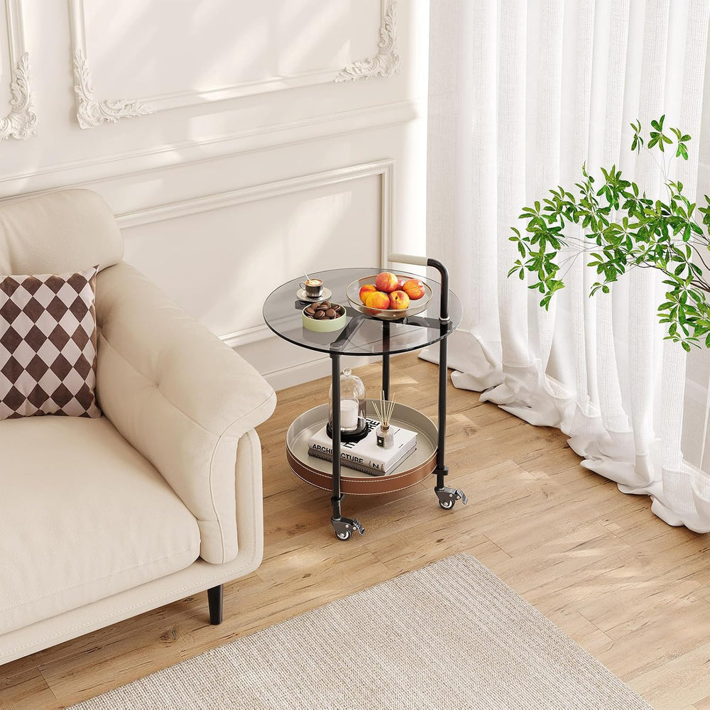Sofa Side Table, 2-Tier Metal Frame Glass Top End Table on Wheels, Round Besi...