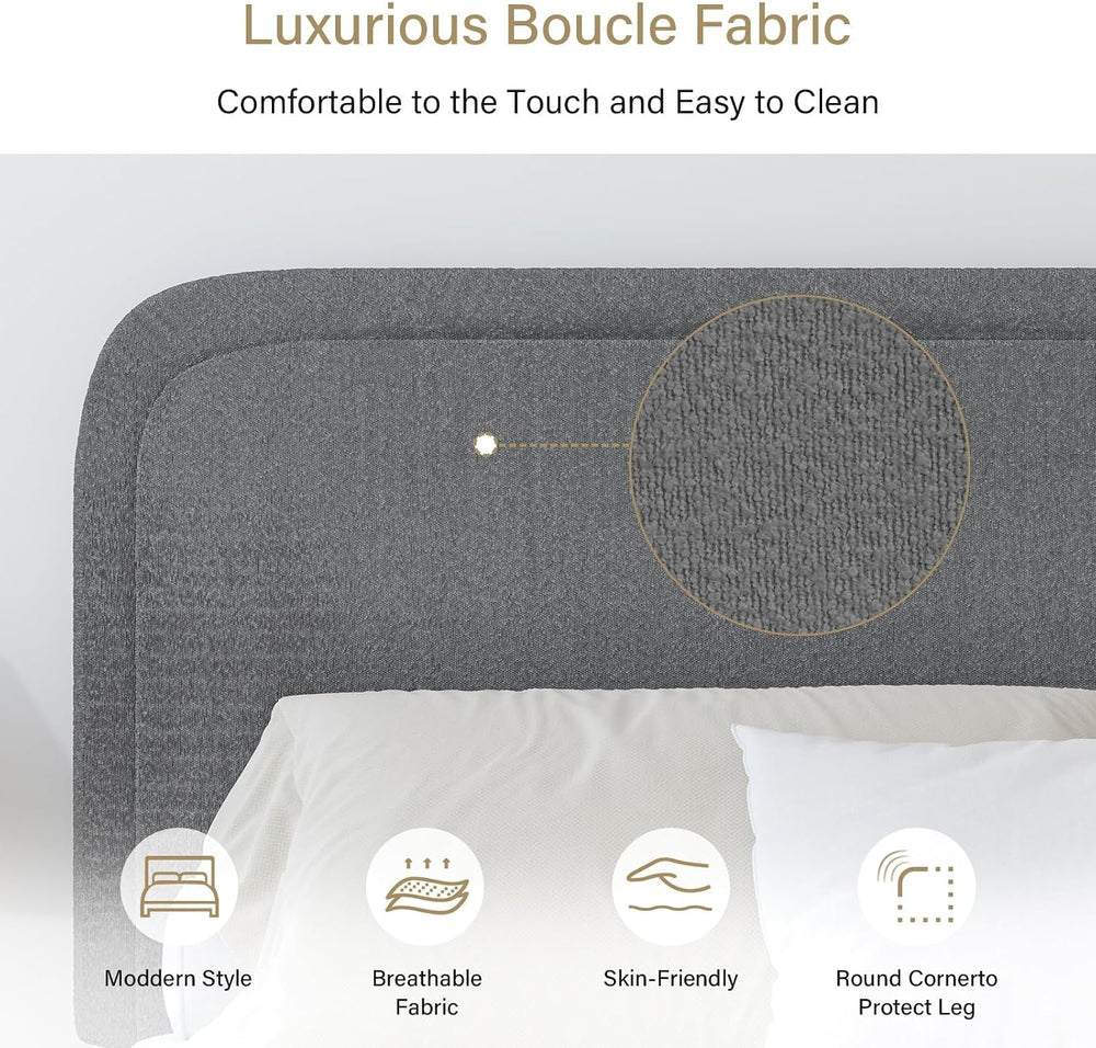 BarnFurin Queen Bed Frame, Cloud Boucle Headboard, Rounded Corners, Grey