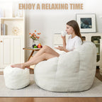 Bean Bag Chair for Adults, Gaint Beanbag Chair with Ottoman, Comfy Lazy Bean Bag Reading Chair for Living Room, Bedroom, White