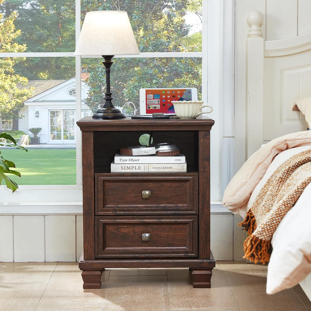 SAVOR LIFE Farmhouse Nightstand with Charging Station, Walnut | End Tables Bedroom with 2 Drawers, Traditional Night Stand with Open Shelf & Thickened Top & Square Wooden Legs