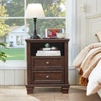 SAVOR LIFE Farmhouse Nightstand with Charging Station, Walnut | End Tables Bedroom with 2 Drawers, Traditional Night Stand with Open Shelf & Thickened Top & Square Wooden Legs
