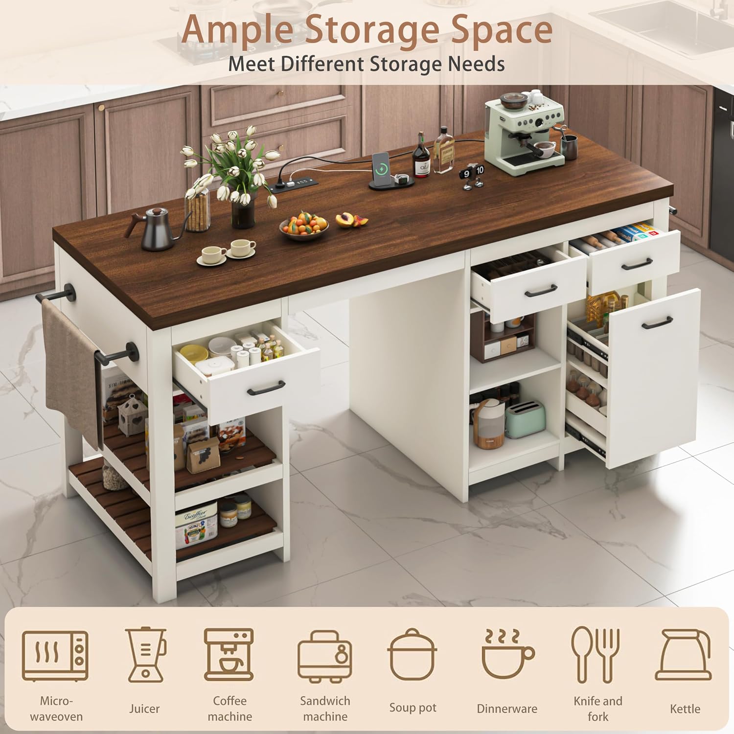 72" Stationary Kitchen Island with Charging Station | Large Kitchen Bar Island Table, 6 Storage Drawers, Open Shelves & Built-in Fridge Space, Towel Racks