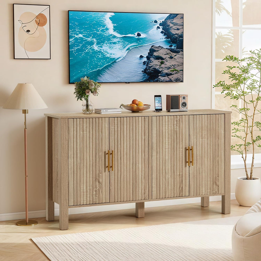 ECOTOUGE Natural 4-Door Fluted Buffet Cabinet with Storage