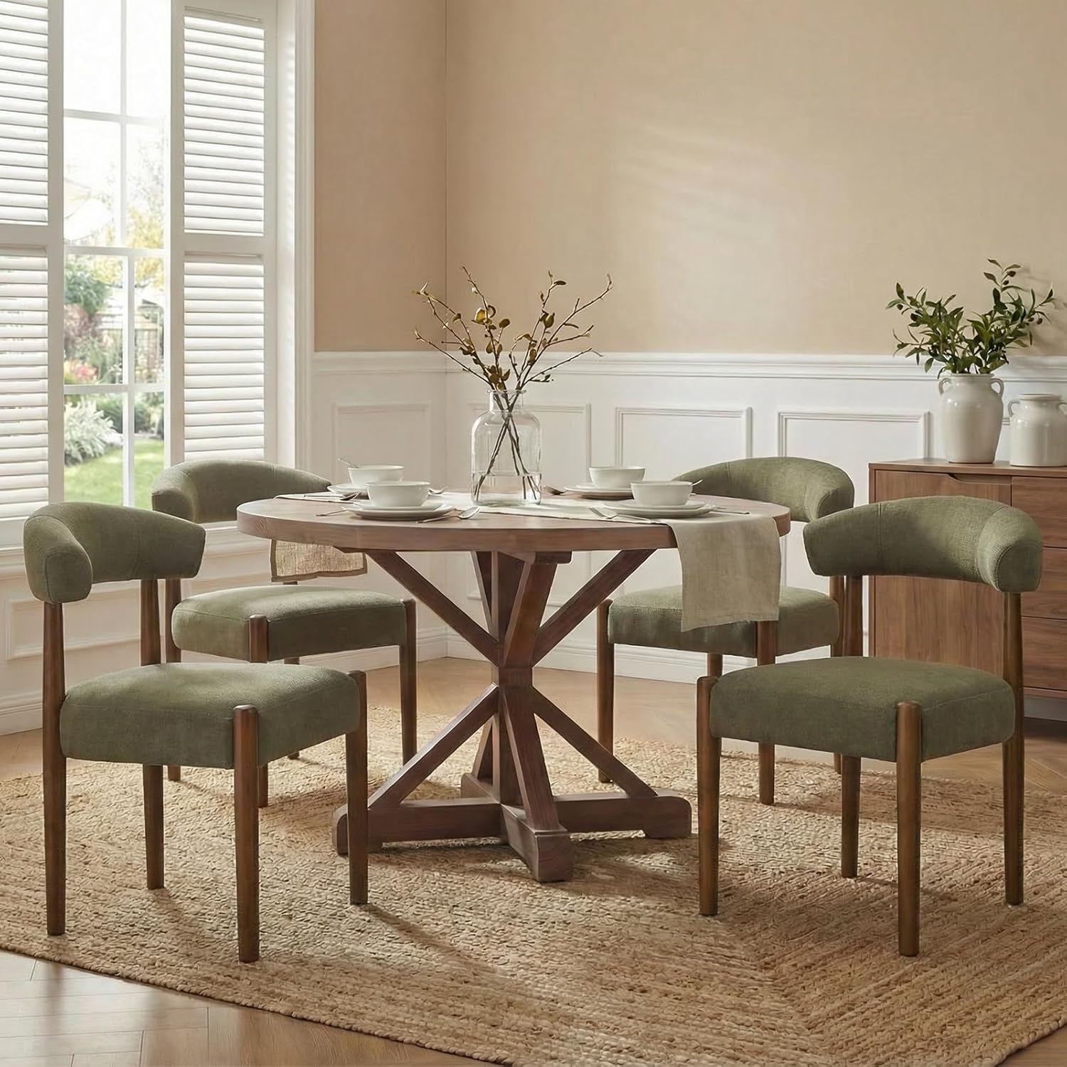VKNOW Wooden Dining Chairs Set of 4, Modern Upholstered Dining Room Chairs with Walnut Wood Legs and Curved Backrest, Fabric Kitchen Chairs for Farmhouse/Living Room/Dining Room, Green