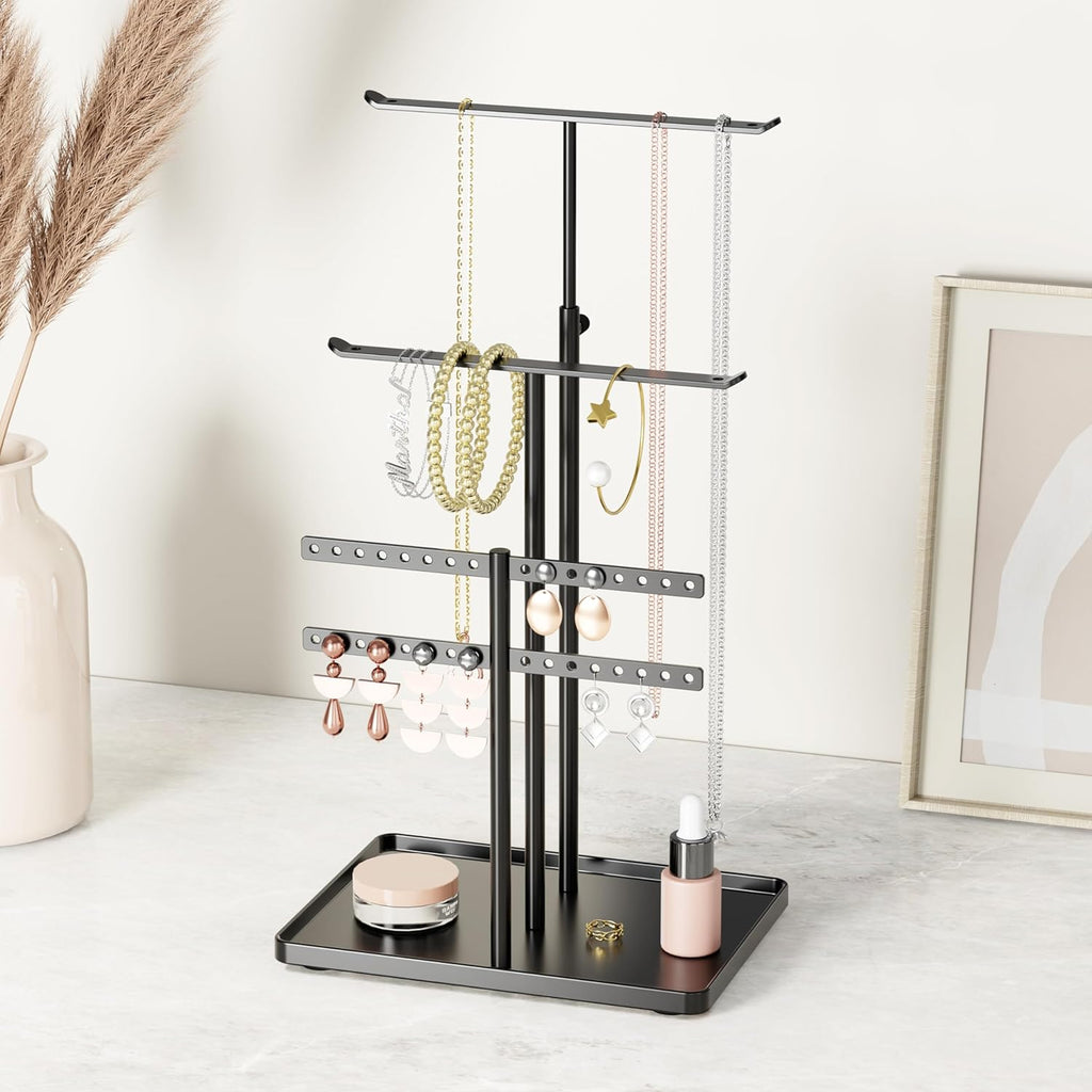 Jewelry Holder Organizer Stand - Adjustable Jewelry Tree 17.5" Height (Max), Jewlery Hanger for Necklaces, Bracelets, Earrings, Aesthetic for Storage and Display, Metal, Black