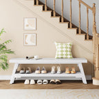 47 in Long Entryway Bench with Shoe Storage, White | 2-Tier Wood Entry Bench for Hallway, Front Door, Bedroom, Living Room, Closet, Mudroom, Modern Farmhouse Style