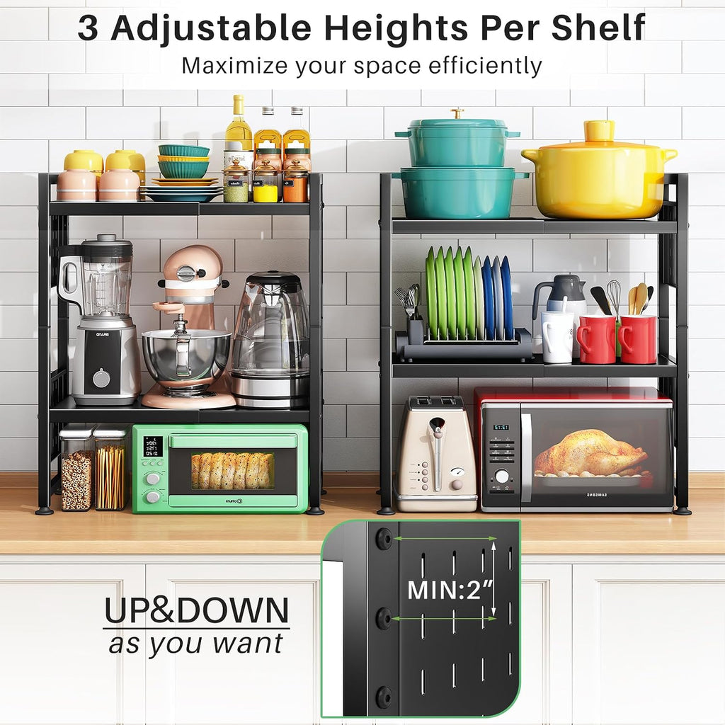 Microwave Stand, 3-Tier Expandable(17.4"- 27.4") Heavy Duty Adjustable Shelf Microwave Oven Rack, Kitchen Countertop Organizer and Storage with 9 Hooks & Cutting Board Holder, Holds up 180 lbs, Black