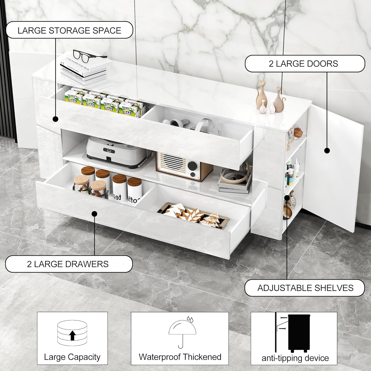 TV Stand High Gloss TV Cabinet with 2 Large Drawers & Push-Open Doors, Modern TV Console Storage Cabinet for Living Room, Office, White