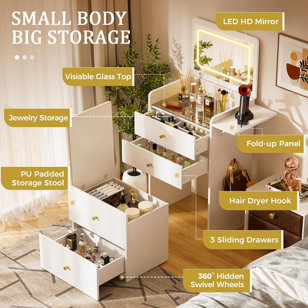 COMHOMA Makeup Vanity Desk with Mirror and Lights, Small 3 in 1 Vanity Table ...