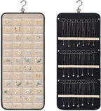 Dynoro Double-Sided Hanging Jewelry Organizer, Large Black Storage Roll for Earrings, Necklaces, Rings, 48 Pockets 21 Hooks, Durable Oxford Fabric for Closet, Wall, Door, 1 piece, Jewelry Not Included