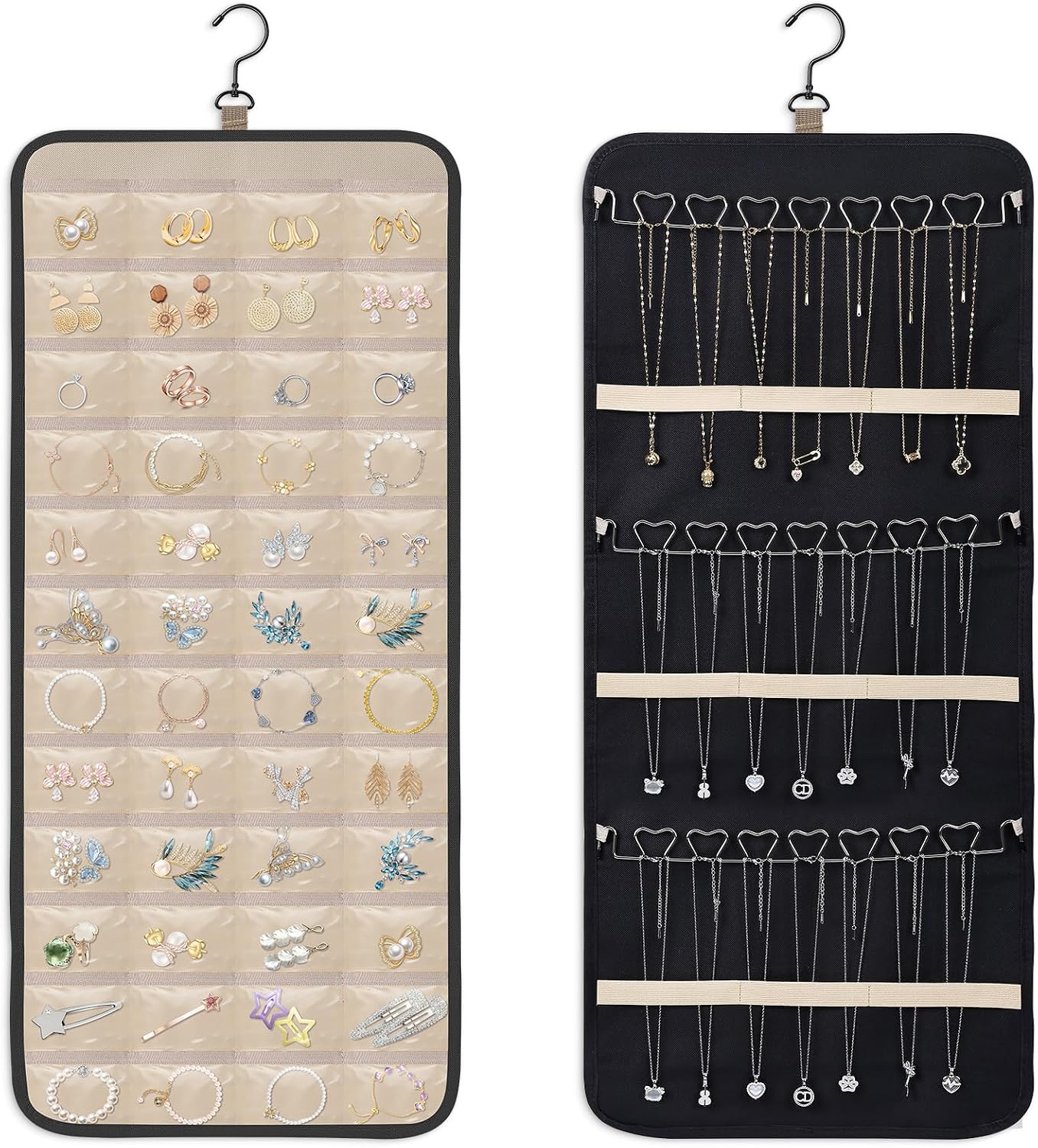 Dynoro Double-Sided Hanging Jewelry Organizer, Large Black Storage Roll for Earrings, Necklaces, Rings, 48 Pockets 21 Hooks, Durable Oxford Fabric for Closet, Wall, Door, 1 piece, Jewelry Not Included
