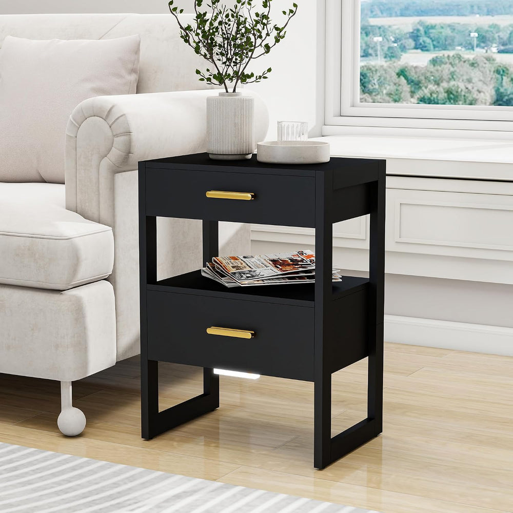 Wooden Nightstands Set of 2 with Motion Sensor Light & Storage Drawer, Mo...