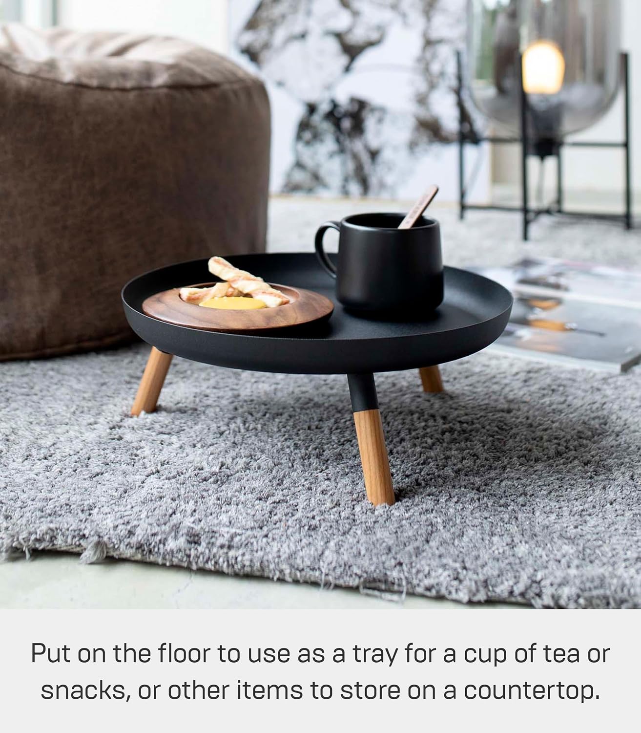 YAMAZAKI Home Plain Metal Pedestal Table Tray with Wooden Legs for Countertop Or Floor, Holds Fruit, Plants, Tea, Steel + Wood