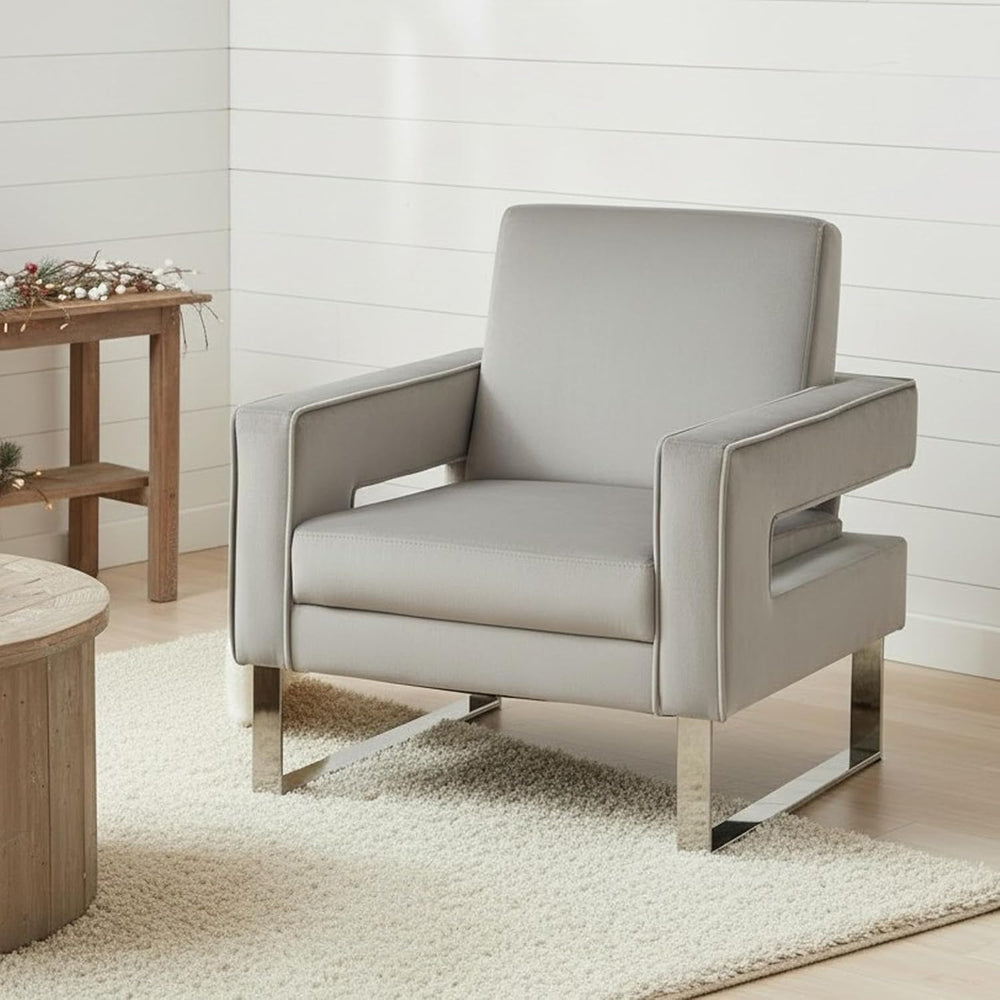 Velvet Accent Chair, Modern Armchair with Silver Base, Grey