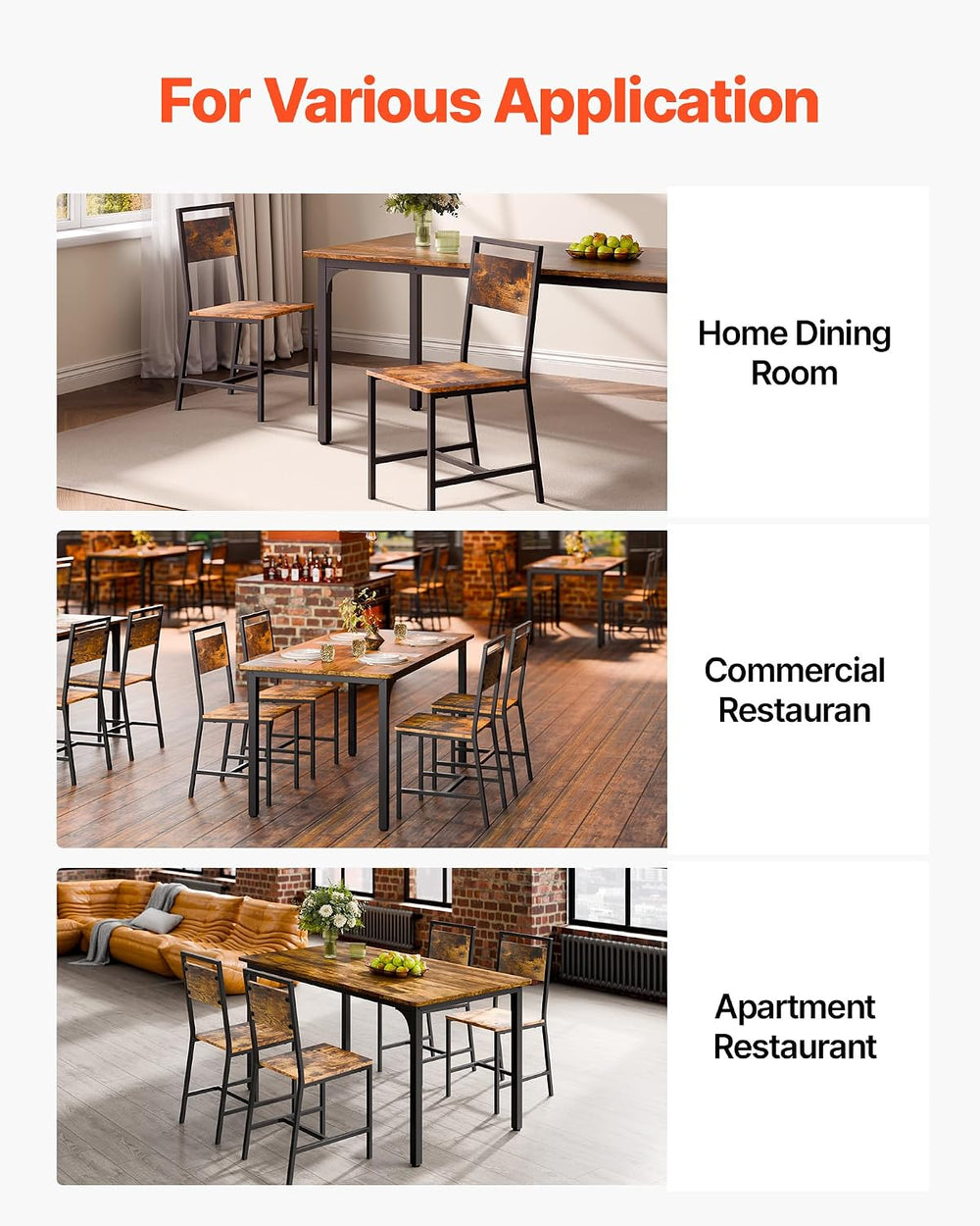 VEVOR Dining Chairs Set of 2, Wooden Chairs with Metal Frame and Backrest, Ea...