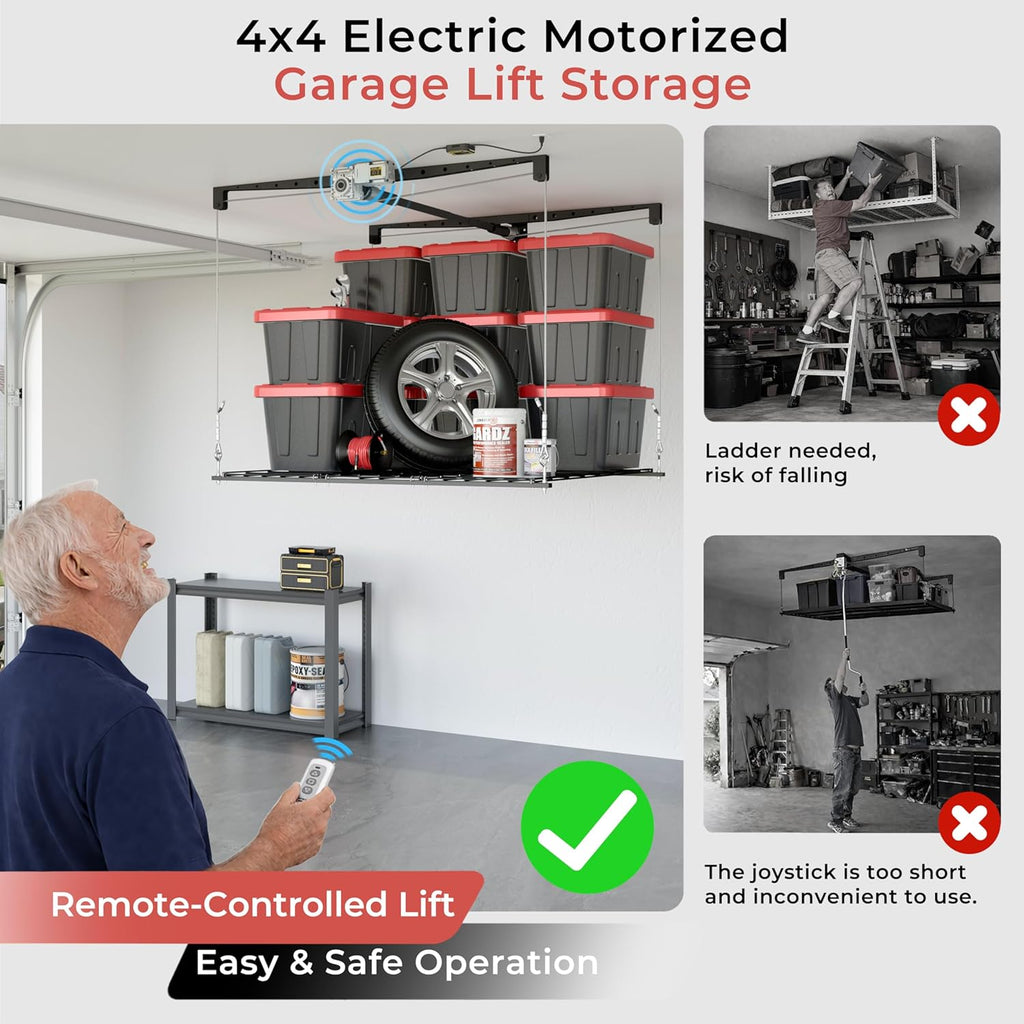 Motorized Garage Ceiling Storage Racks with Remote Control, 4x4 FT Overhead Garage Storage Rack, Heavy-Duty Lift Storage System, Space-Saving Hanging Shelves, 250 Lbs Capacity