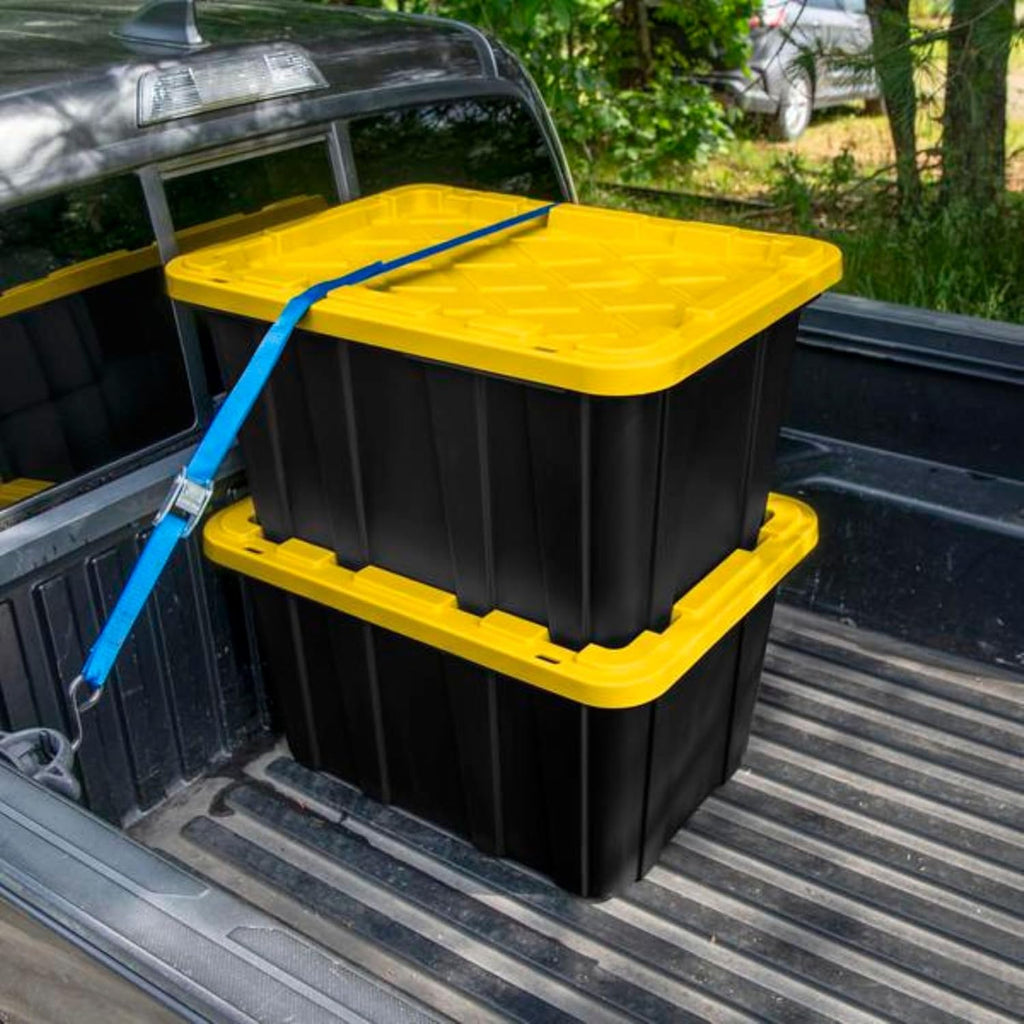 Sterilite Industrial Storage Tote with Lids for Garage, 27 Gallon, 4-Pack | Heavy-Duty and Stackable Utility Box Containers for Home, Office, and Basement Organization, Black/Yellow