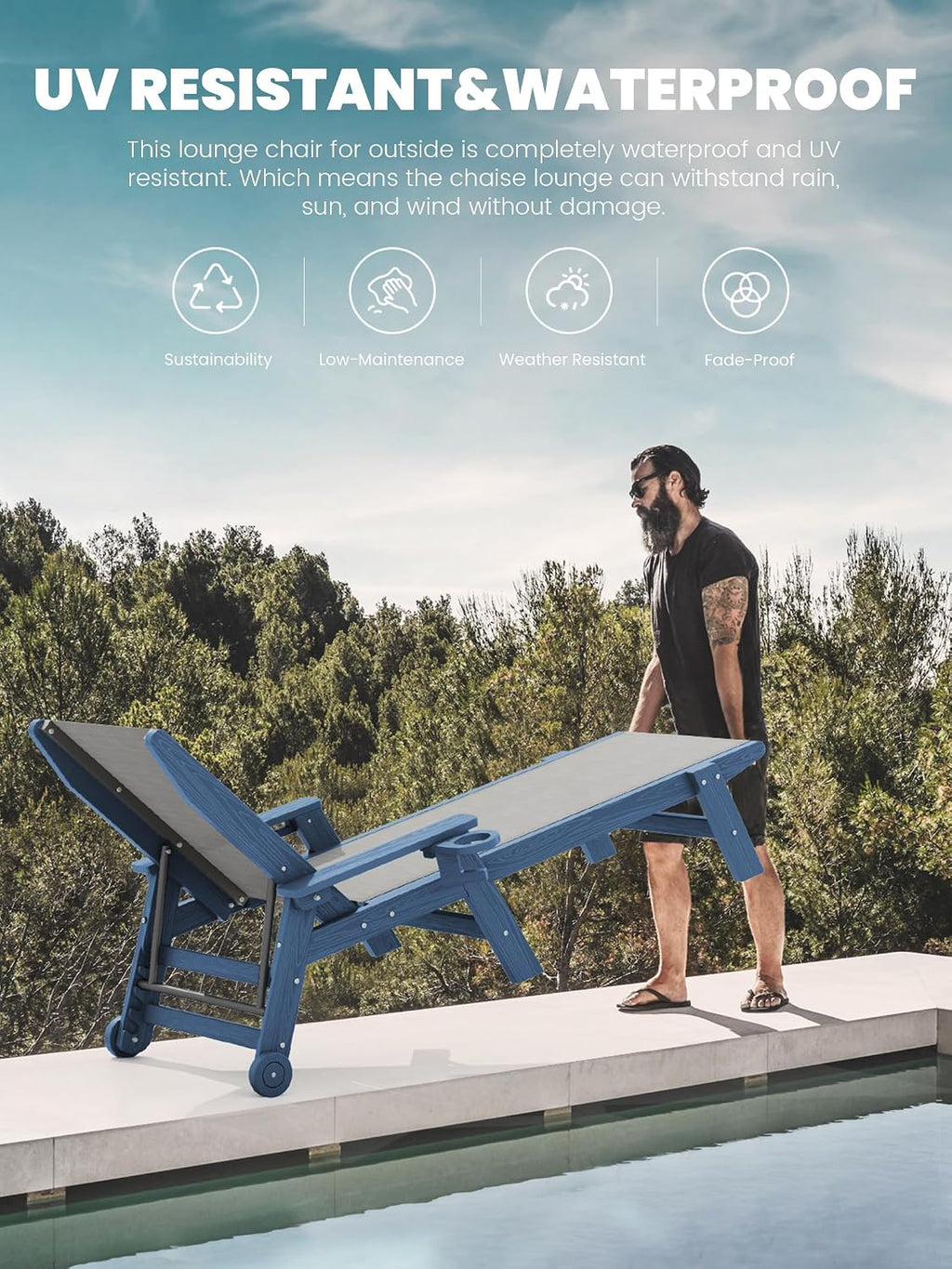 SERWALL Textilene Patio Chaise Lounge Chair Set of 2, HDPE Outdoor Lounger | with Rolling Wheels for Pool, Deck, Blue