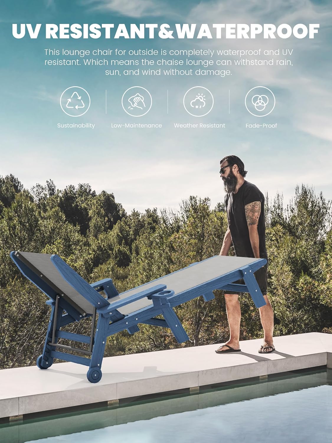SERWALL Textilene Patio Chaise Lounge Chair Set of 2, HDPE Outdoor Lounger | with Rolling Wheels for Pool, Deck, Blue