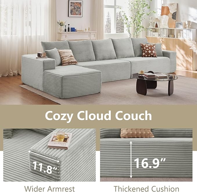 166.9" Cloud Sectional Couch with L-Shape Chaise, Modern Modular Comfy Sofa Chaise Longue, Upholstered Corduroy Couches Sleeper with Deep Seat for Living Room Bedroom, No Assembly Required, Grey