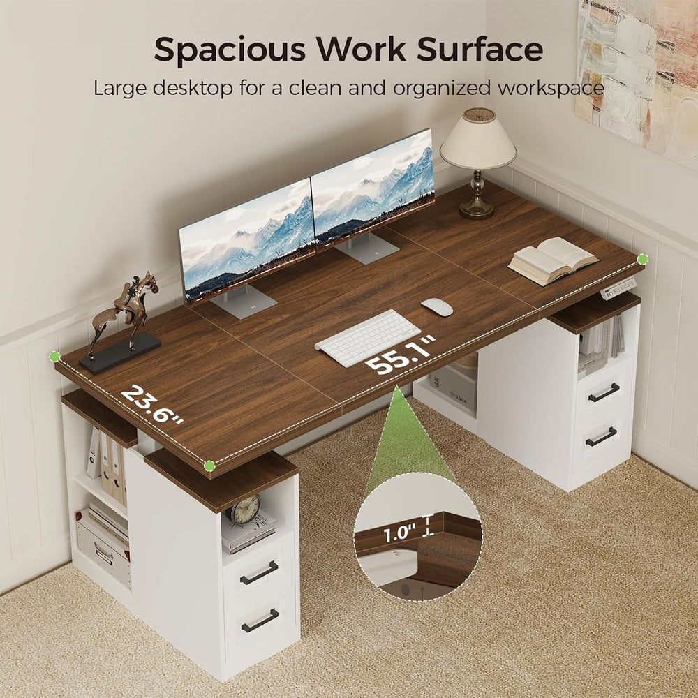 55 Inch Farmhouse Standing Desk with Storage Drawers, Walnut White