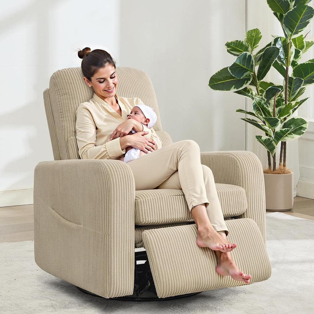 Swivel Rocker Recliner, Oversized Manual Nursery Glider Rocking Recliner Chair with Removable Cushion, Upholstered Corduroy Swivel Reclining Chair for Nursery Living Room Bedroom, Camel