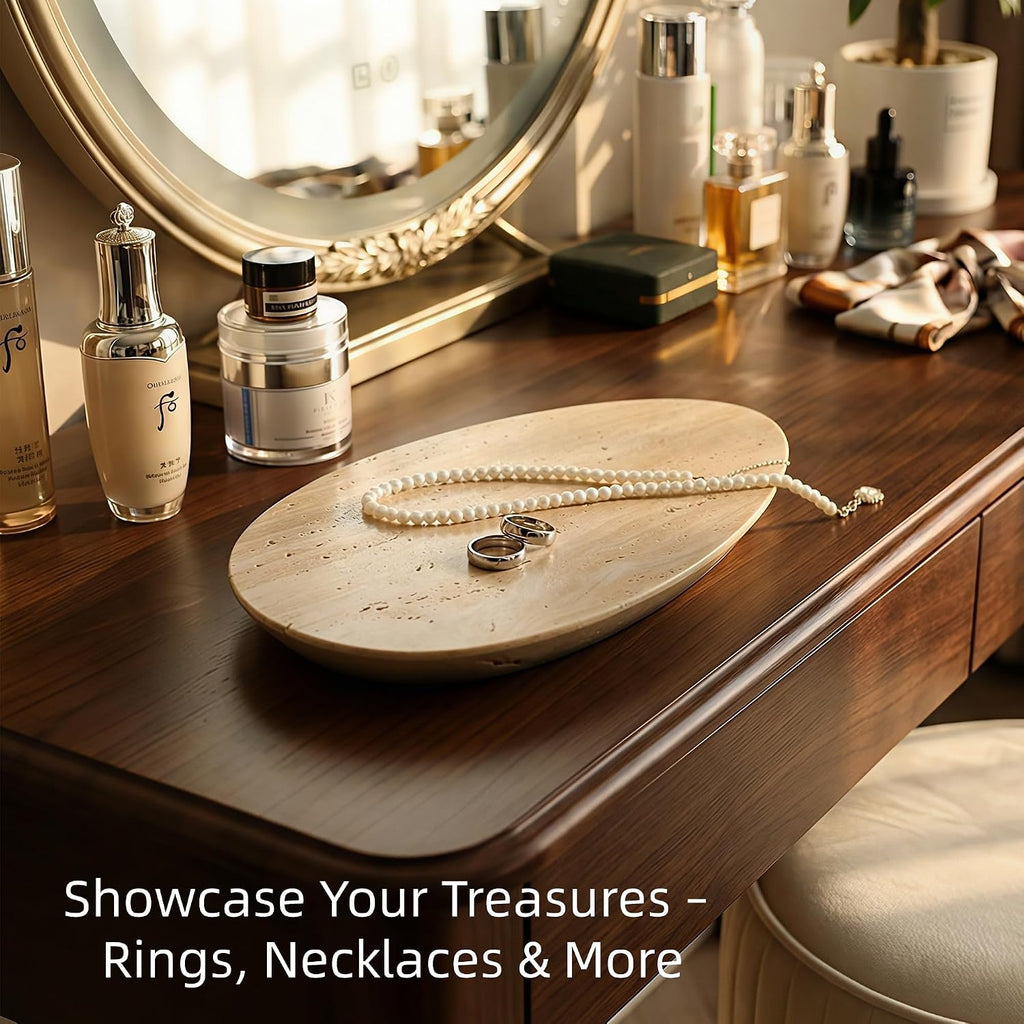 Natural Travertine Tray for Jewelry & Candle Holder | Unique solid stone with natural veining & holes. Versatile catchall for bathroom, vanity, entryway, or coffee table.