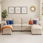 130" U Shaped Modular Sectional Sofa, Couch with Ottoman Storage, Chenille Cloud Couch with Plush Deep Seating for Living Room, Bedroom (Beige, 6 Seat)