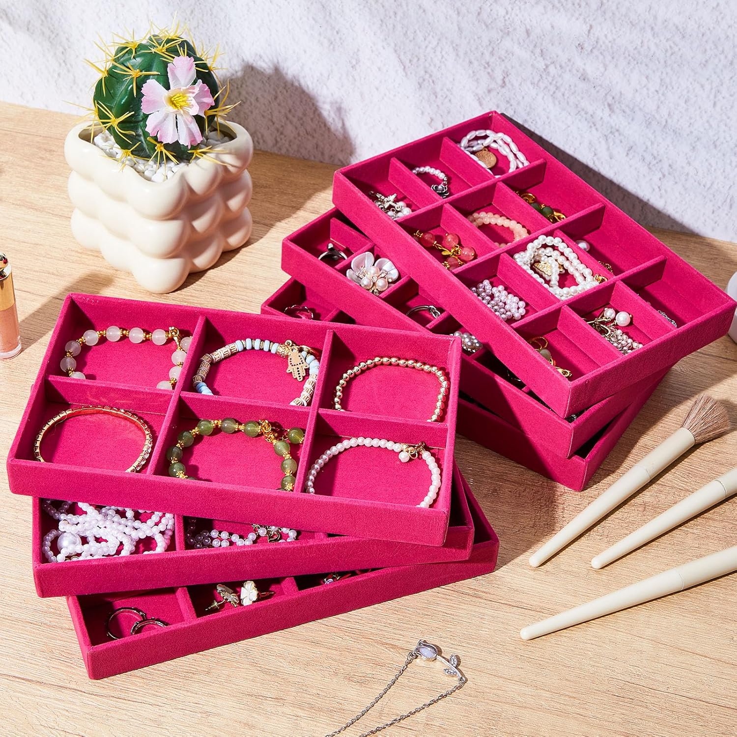 Junkin 12 Pcs Jewelry Tray Velvet Stackable Jewelry Organizer Trays Divided Earring Accessories Storage Containers Box (Rose Red)