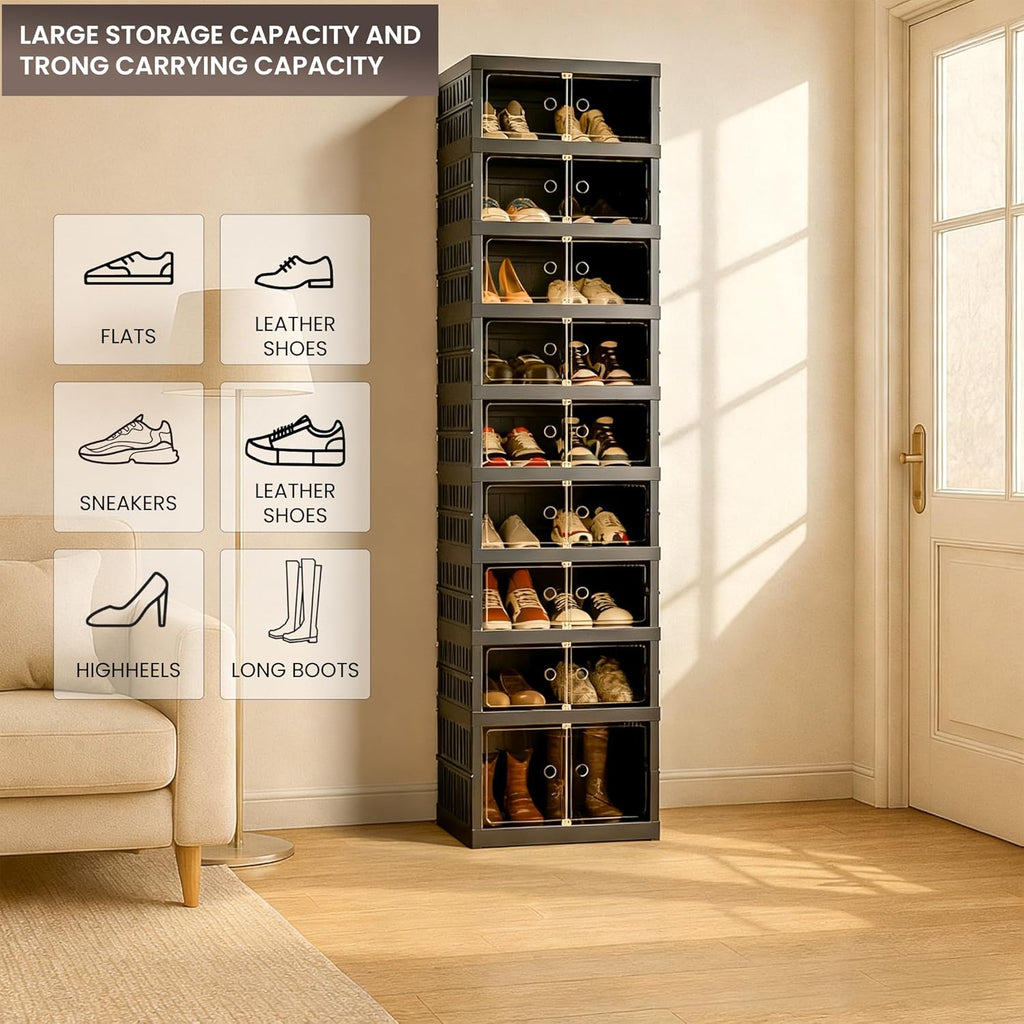 Foldable Shoe Organizer Storage Box, Portable Extra Large Folding Shoe Rack for Closet, Shoe Storage Box with Magnetic Transparent Door and Wheels, 9 Layers 18 Grids with 2 Big Grids