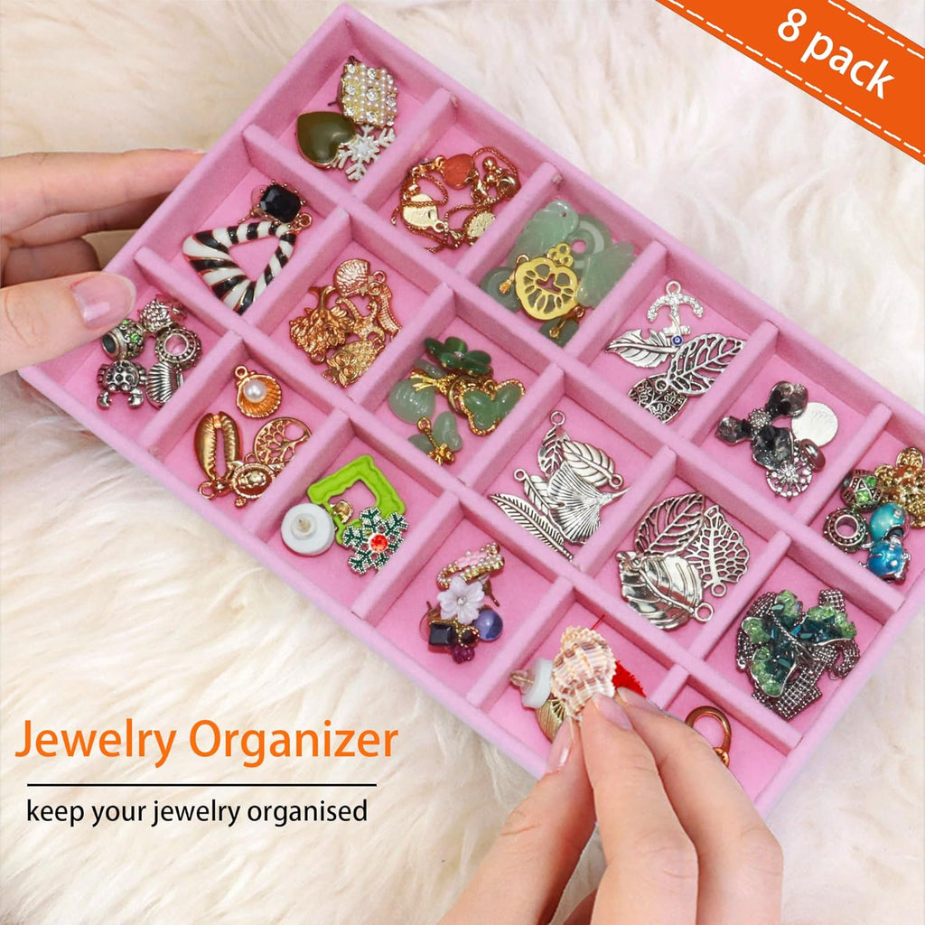 8 Pack Jewelry Organizer Tray, Stackable Velvet Jewelry Storage Box 18-grid Earring Holder Dresser Drawer Organizer for Earring Necklace Ring, Total 144 Grids