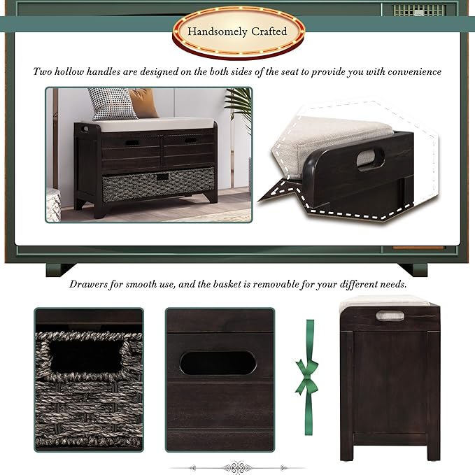 Merax Farmhouse Wood Shoe Bench with Storage and Seat Cushion for Entryway Hallway Front Door Espresso