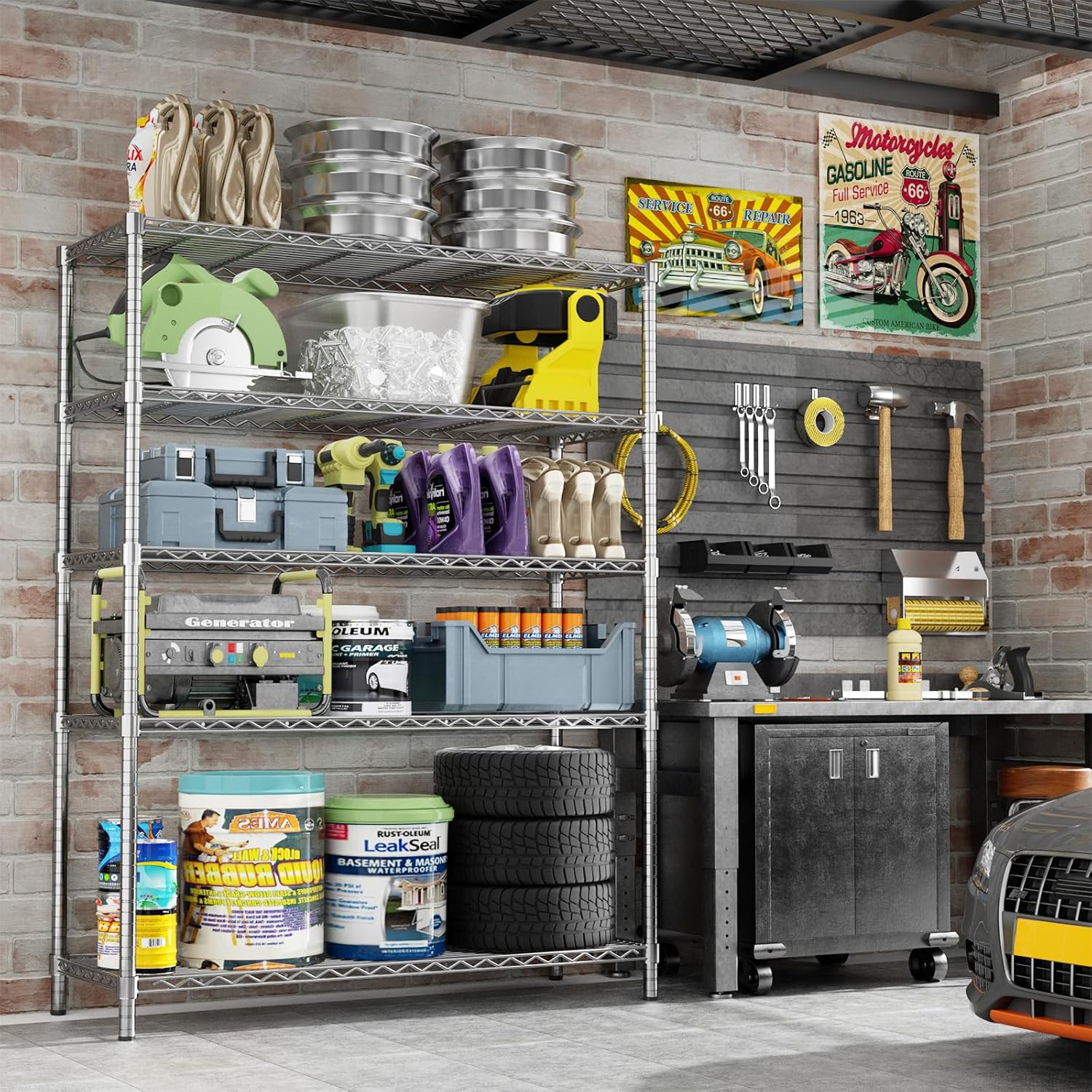 Storage Shelves Heavy Duty, 45" W x 20" D x 72" H Garage Wire Shelving Unit Loads 2000LBS, 5-Tier Adjustable Metal Industrial Utility Shelf Rack for Kitchen, Laundry Room, Pantry, Warehouse, Basement