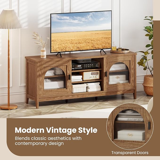 Giantex Farmhouse TV Stand for TVs up to 65", Modern Vintage Entertainment Center w/Storage, Adjustable Shelves, Cable Holes&Glass Doors, Media TV Console Table for Bedroom, Living Room (Walnut)