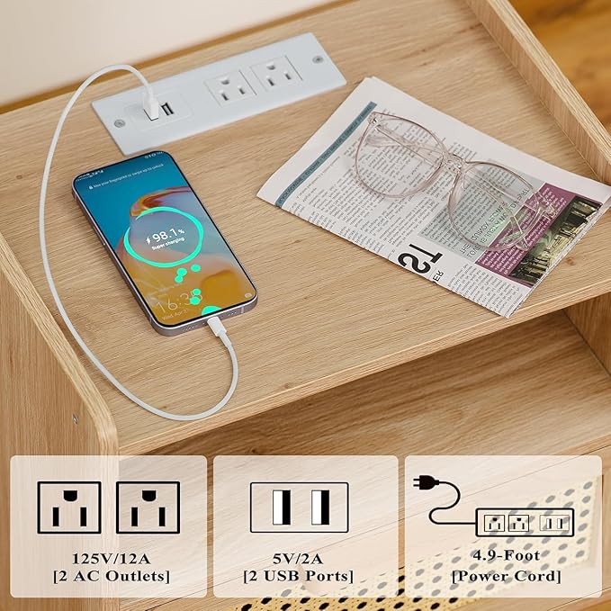 Lerliuo Rattan Nightstand with Charging Station, Boho Night Stand with Handma...