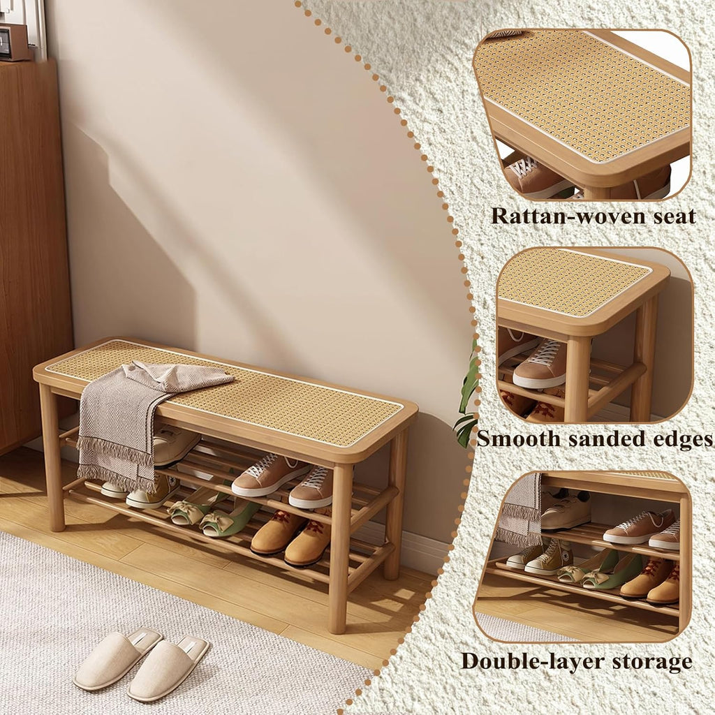 SOBIBO Bamboo Shoe Rack Bench with Rattan Seat, 3-Tier Shoe Storage Bench, Entryway Bench for Hallway Nature-23.62 inches