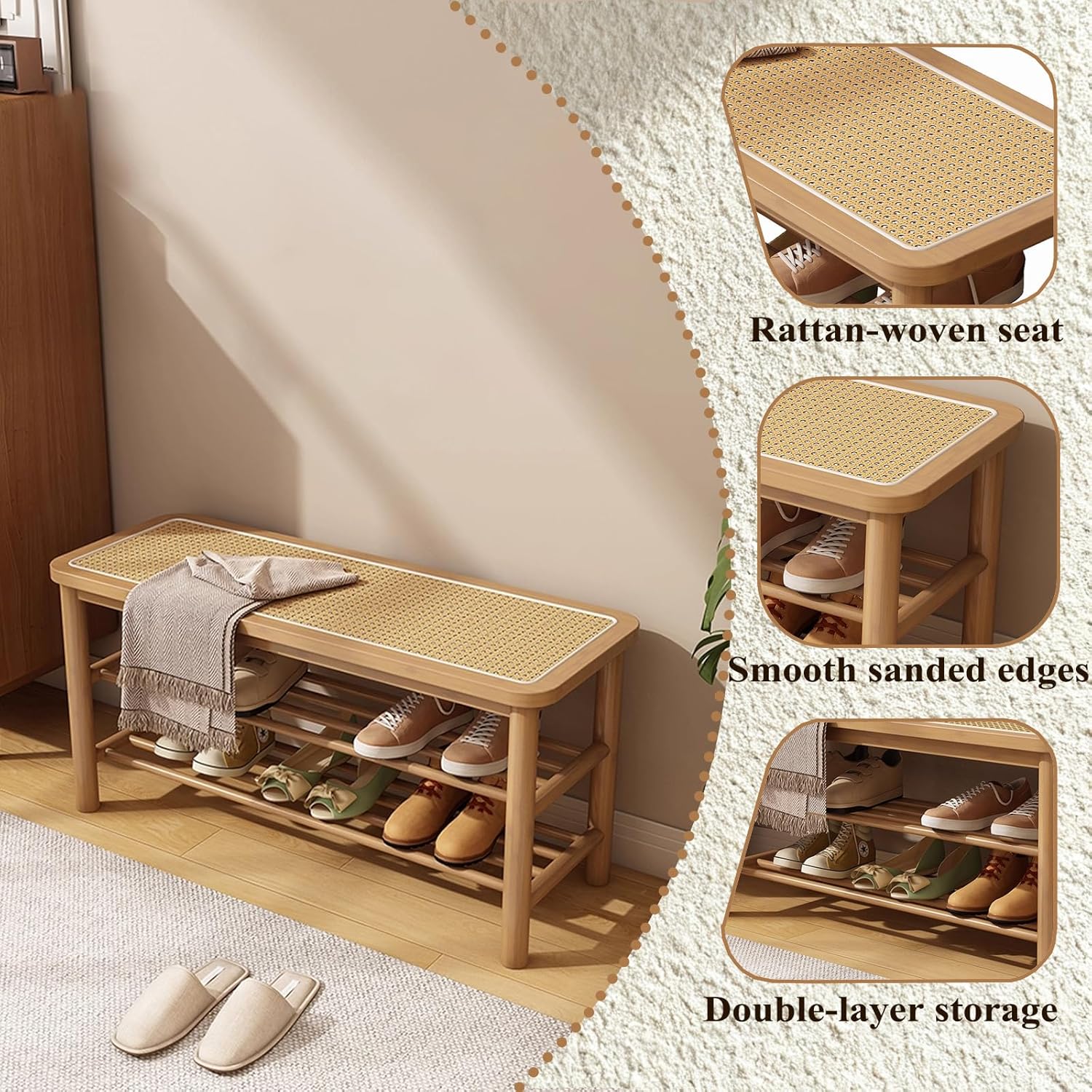 SOBIBO Bamboo Shoe Rack Bench with Rattan Seat, 3-Tier Shoe Storage Bench, Entryway Bench for Hallway Nature-23.62 inches