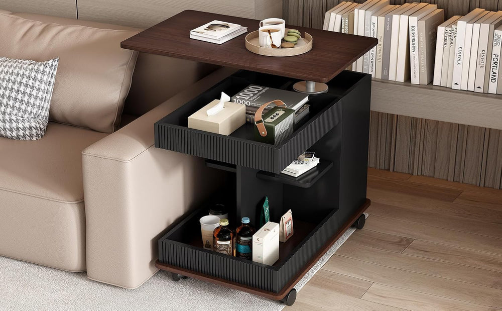 Adjustable Side Table with Wheels, 360° Rotating Lift-Top & Storage, Mode...