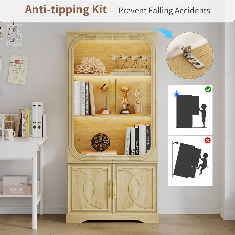 69" Tall Display Cabinet with Glass Doors, Curio Cabinet with 3 LED Ligh...