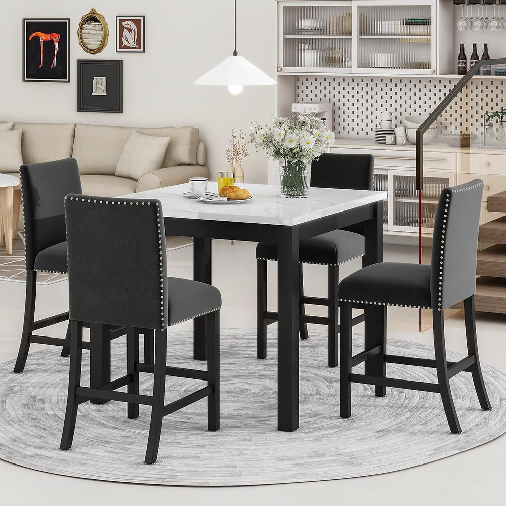 Merax Dining Table Set, 5 Piece Counter Height Dining Table Set with Faux Mar...