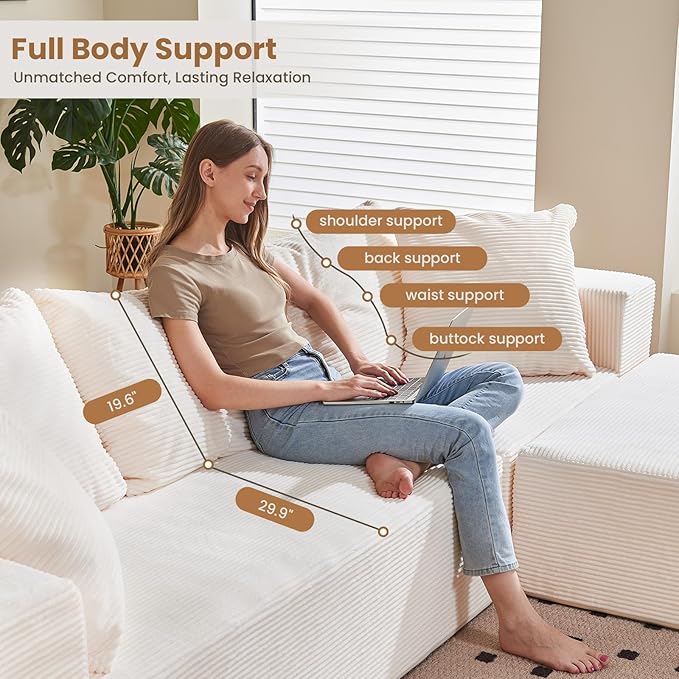 108" L-Shaped Boneless Couch, Modular Sectional Sofa with Moveable Ottoman, Corduroy Cloud Couches for Living Room, No Assembly, Ship in a Box, Beige