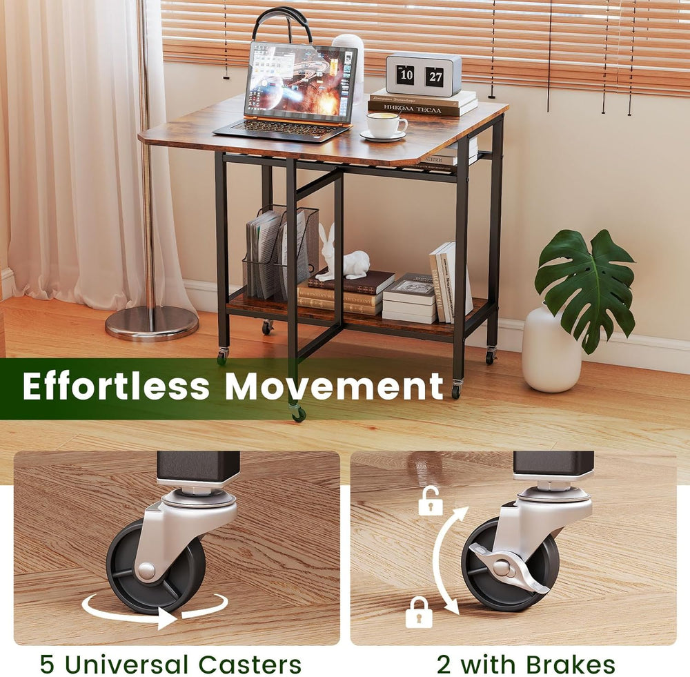 Giantex Folding Dining Table with 5 Wheels, Extendable Bar Tables with Wine R...