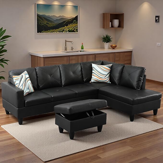 Sectional Couches for Living Room with Movable Chaise & Storage Ottoman - 97.5" Leather L Shaped Couches for Living Room Apartment, 4 Seat Home Furniture Modular Sectional Sofas, Black