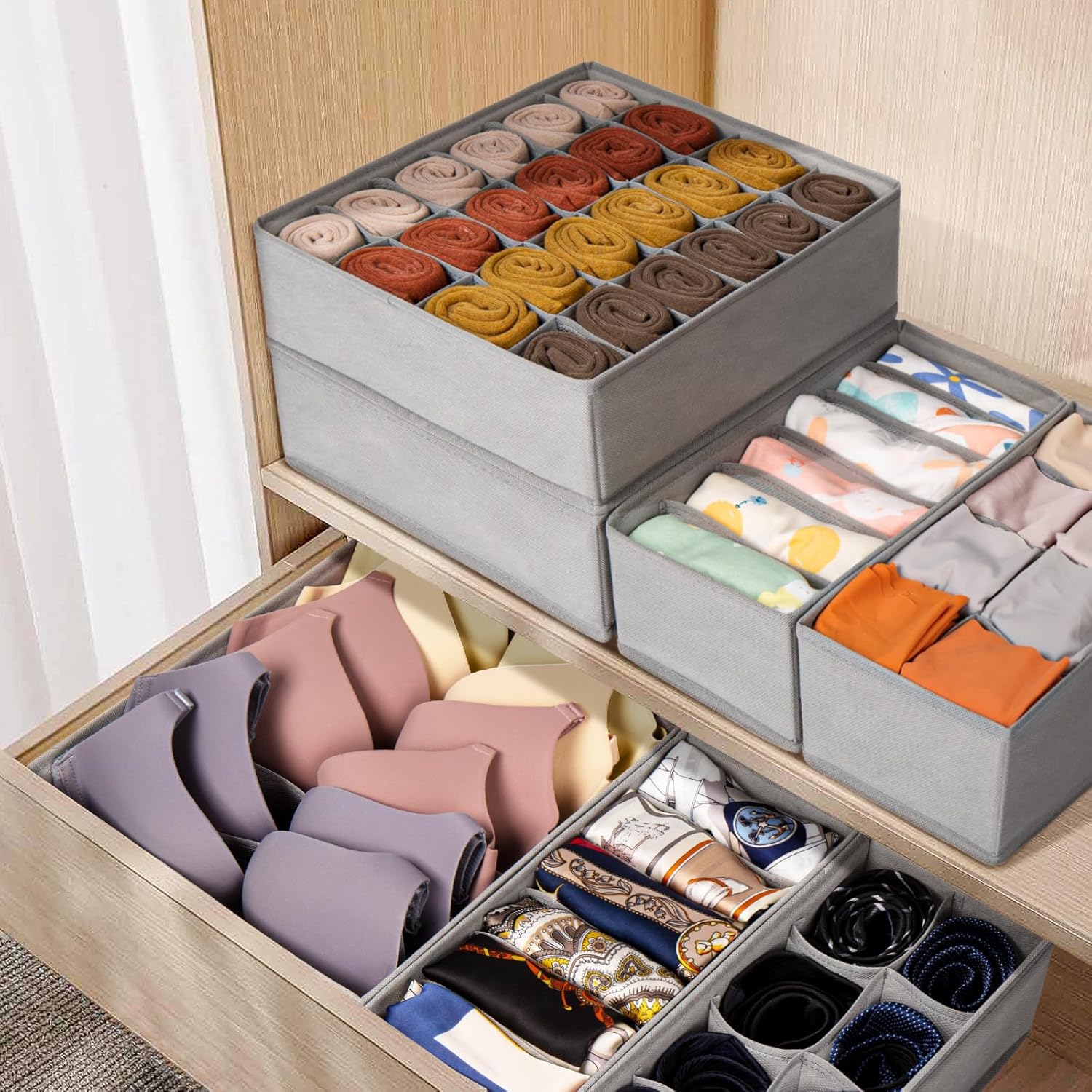 Drawer Organizer Clothes, 8 Pack Dresser Organizer Bins for Baby Clothes, Underwear Sock, Fabric Closet Organization and Storage Dividers for Nursery Bedroom (48 Compartments, Grey)