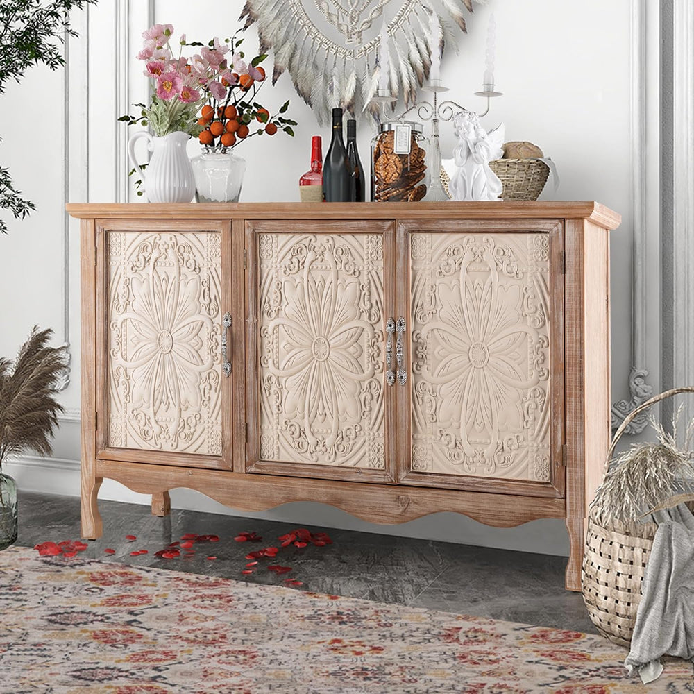Accent Rustic Storage Cabinet With 3 Carved Doors, Vintage Sideboard Buffet W...